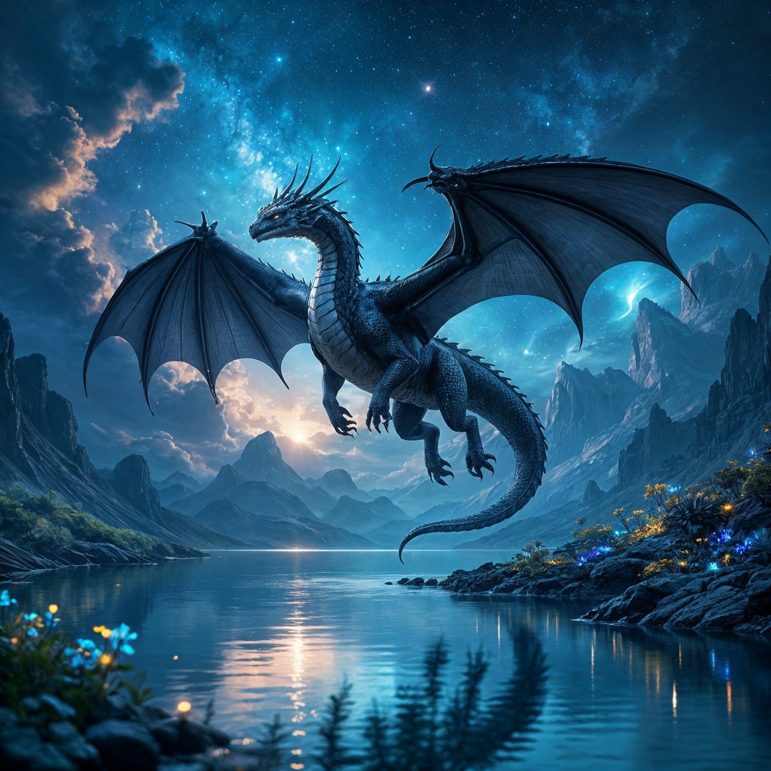 Obsidian Dragon Soars Through Nebula Sky Over Bioluminescent...