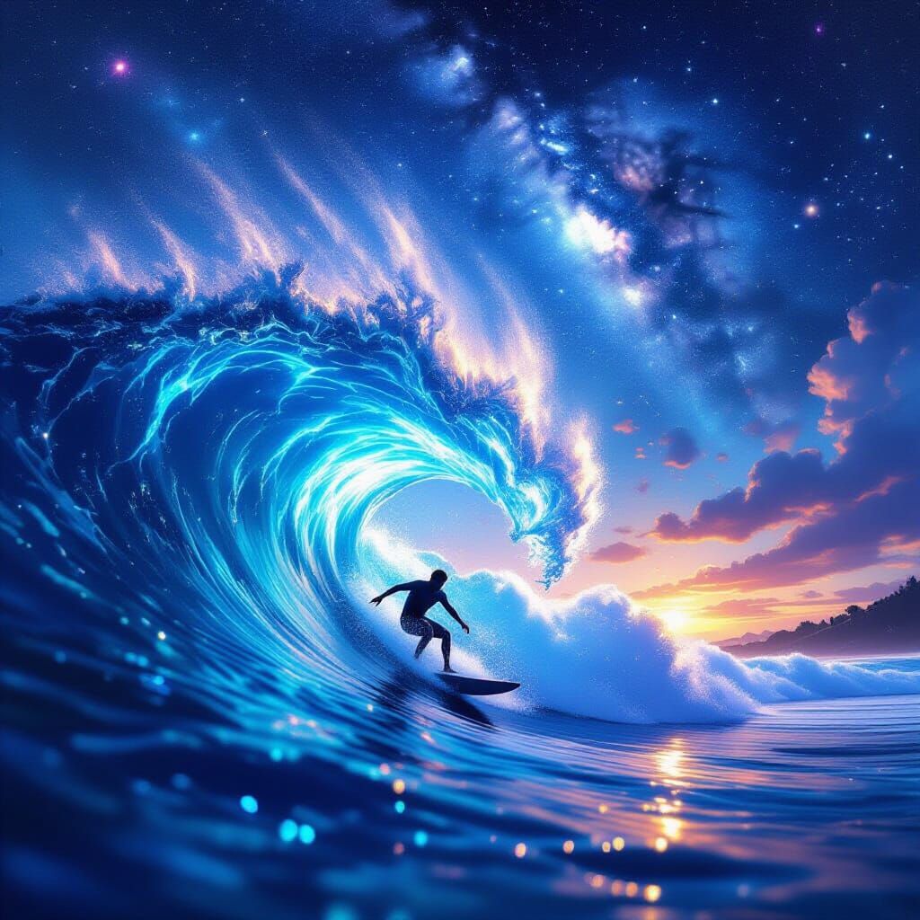 Surfer Rides Cosmic Wave Under Starry Sky
