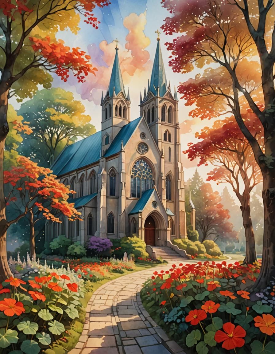 Ethereal Fantasy Church in Whimsical Watercolor Style