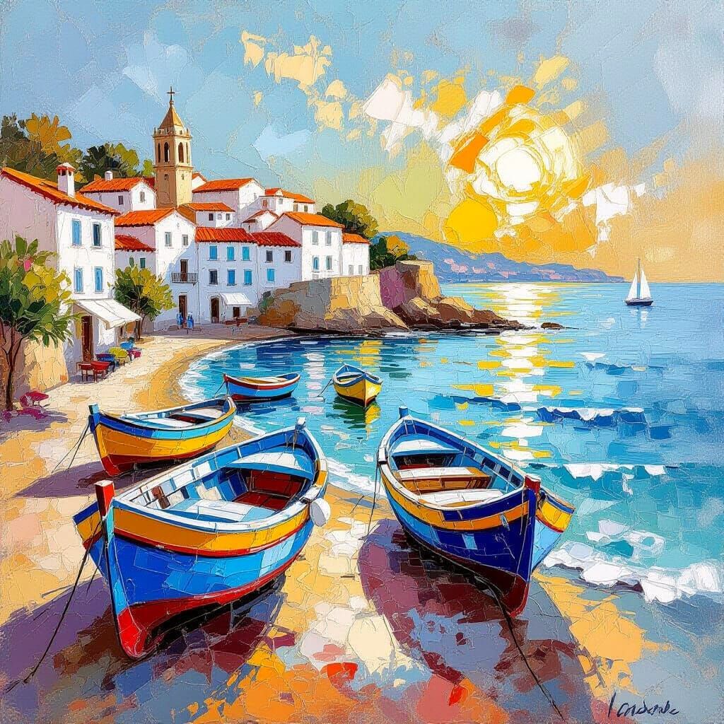 Sitges Fishing Village: Impasto Oil Painting at Golden Hour