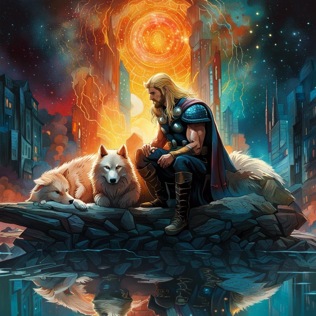 Thor sits on a Wolf, Glowing with Ethereal Light in a Cosmic...