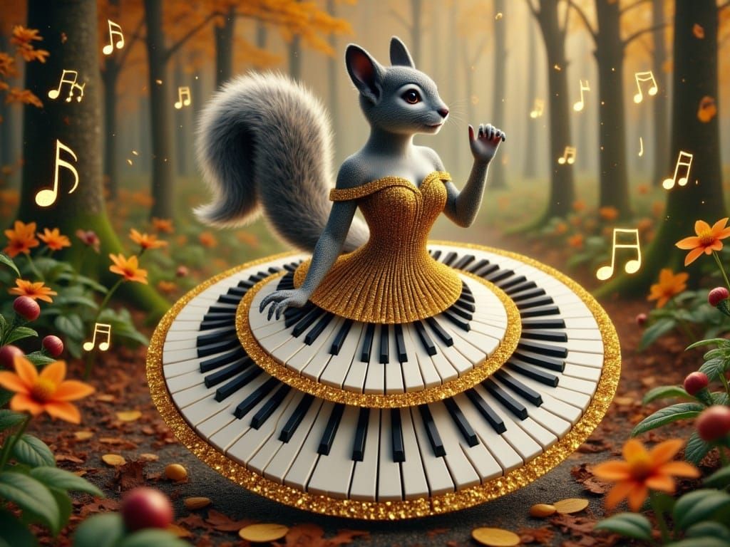 Stunning Grey Squirrel in Elegant Piano Dress