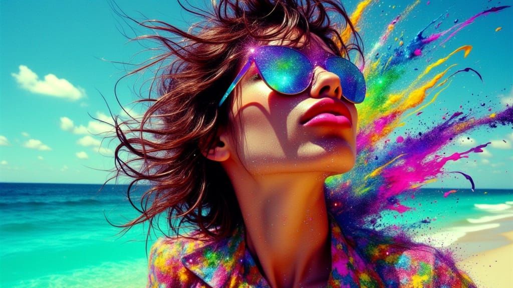 Glamorous Woman on Beach in Pop-Art Surrealism Style