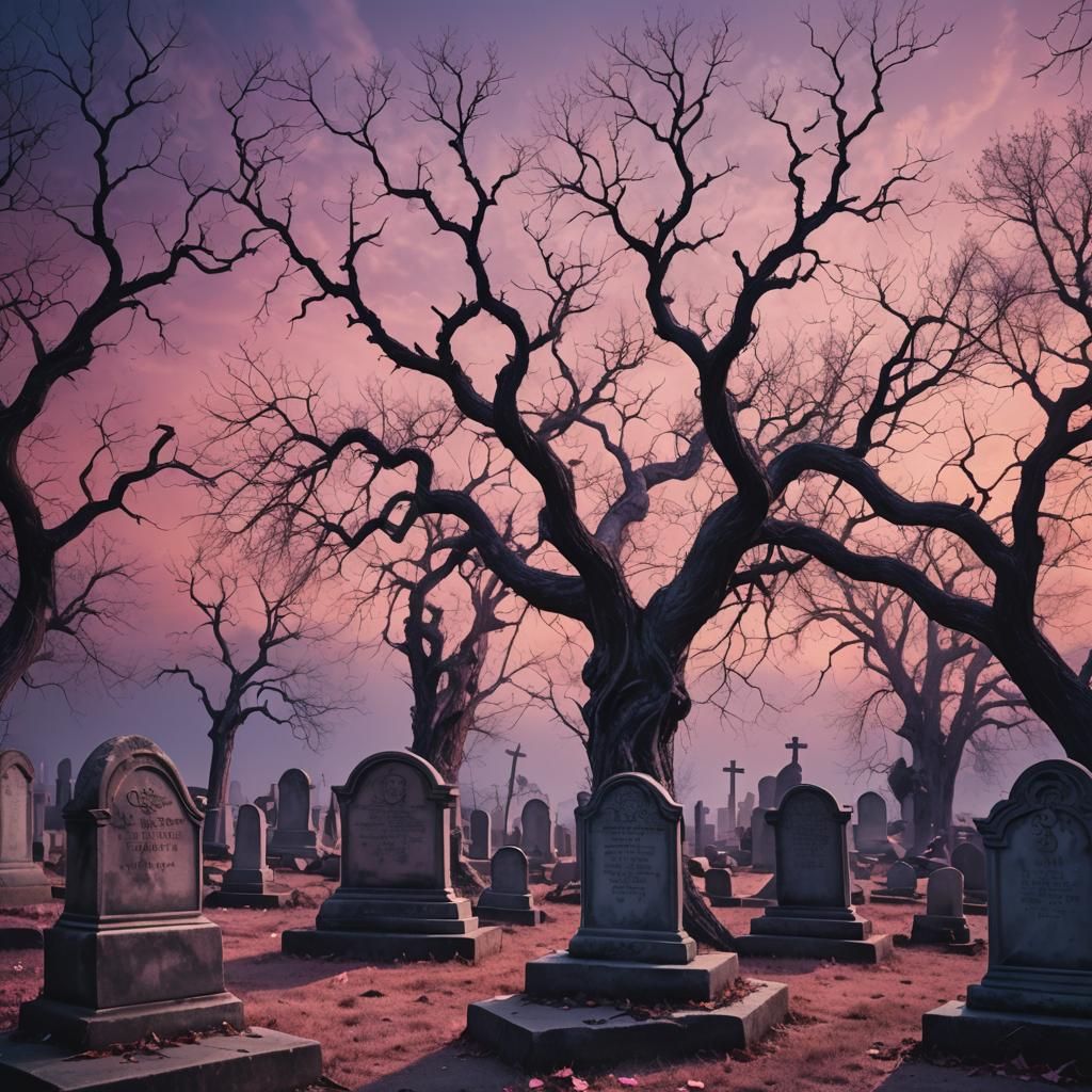 Surreal Twilight Graveyard in Vibrant Pink and Purple Hues