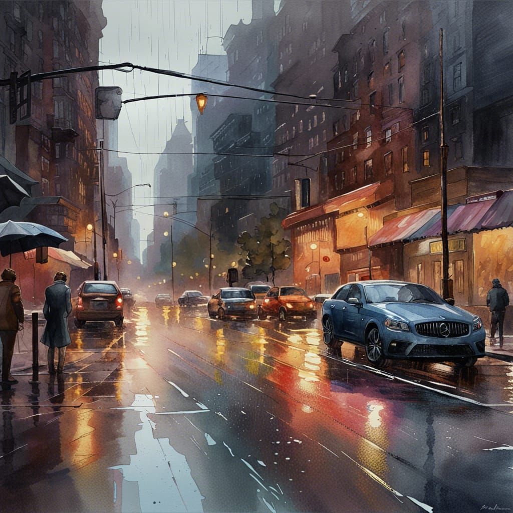 Vibrant Rainy Cityscape at Twilight