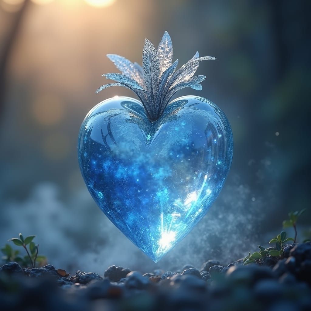 Ethereal Blue Crystal Heart in Mystical Misty Landscape