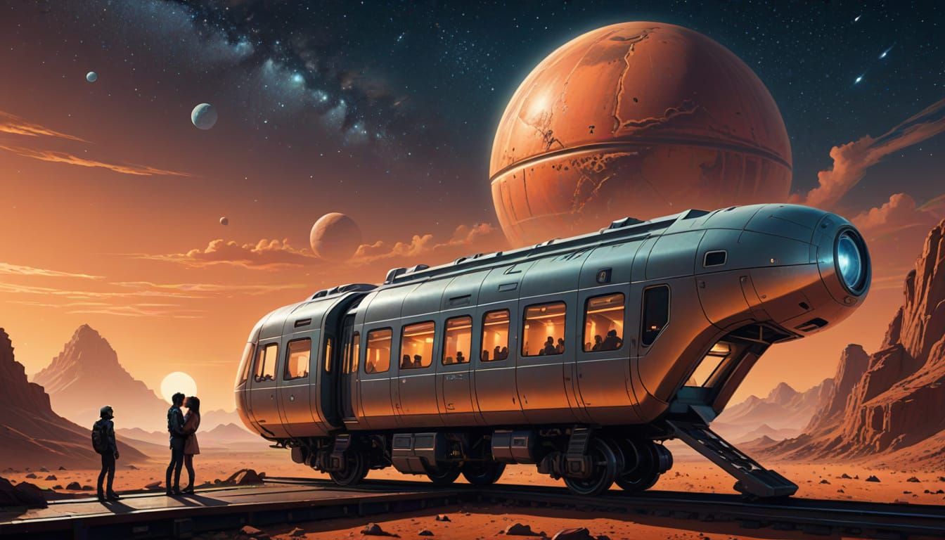 Couple Embraces at Futuristic Mars Train Station Under Starr...