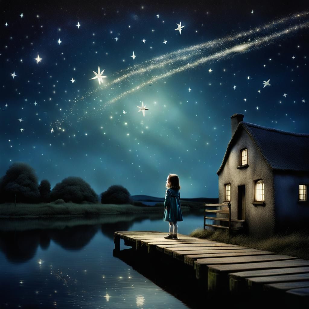 Delighted Irish Girl Watches Shooting Star from Moonlit Dock