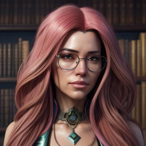 Big breasted long pink hair bikinigirl in the library with glasses on