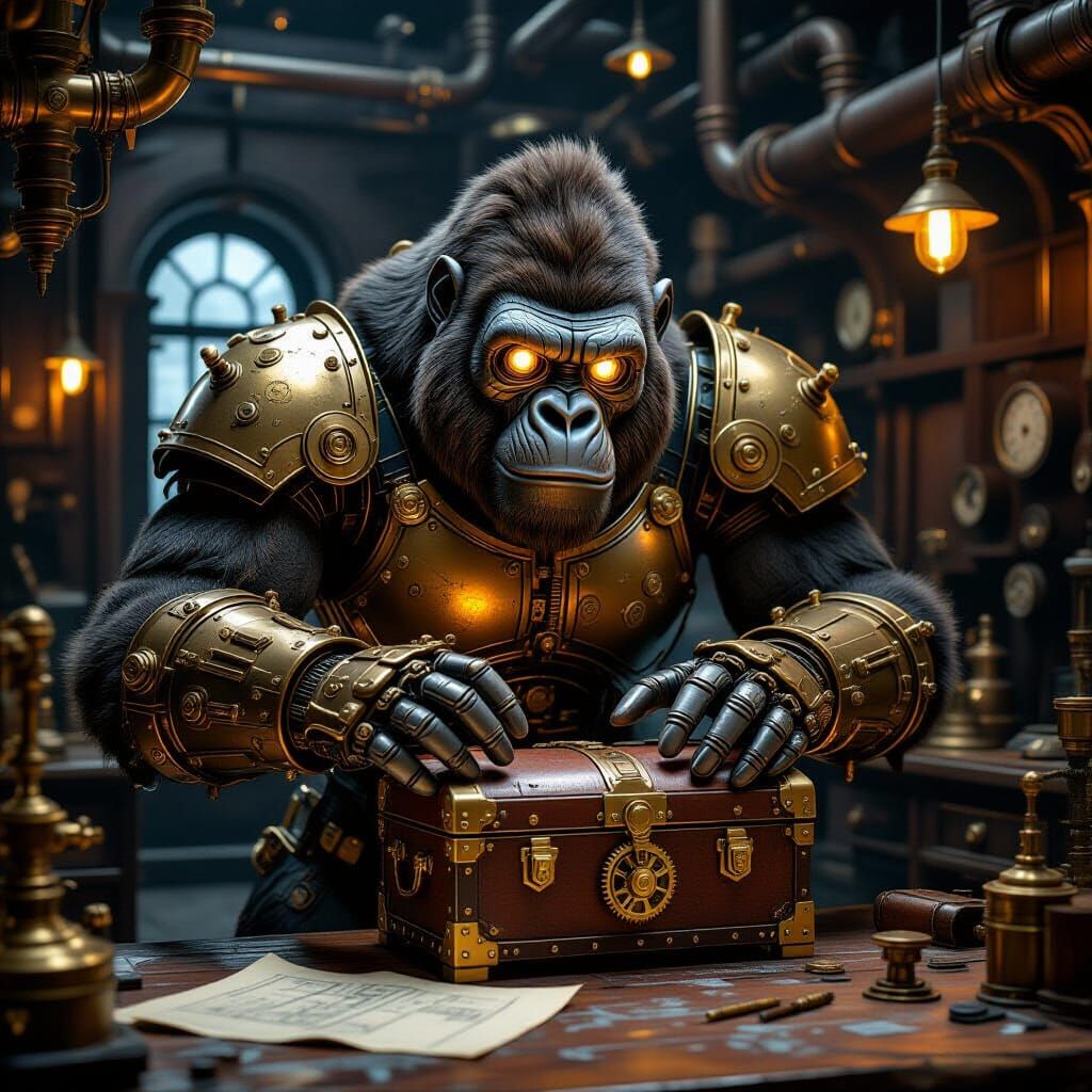 Steampunk Gorilla Automaton Inspects Antique Chest