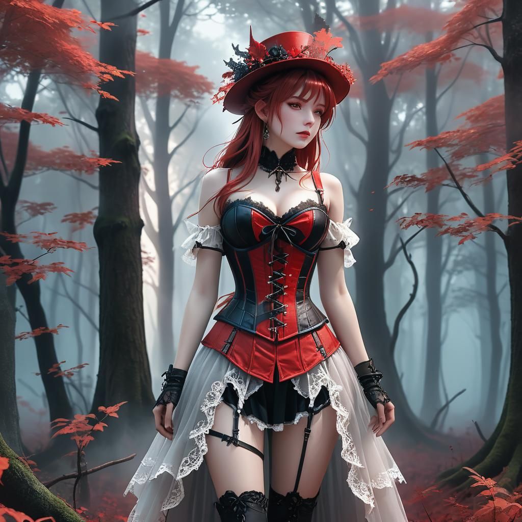 Mystical Red Enchantress in a Foggy Forest