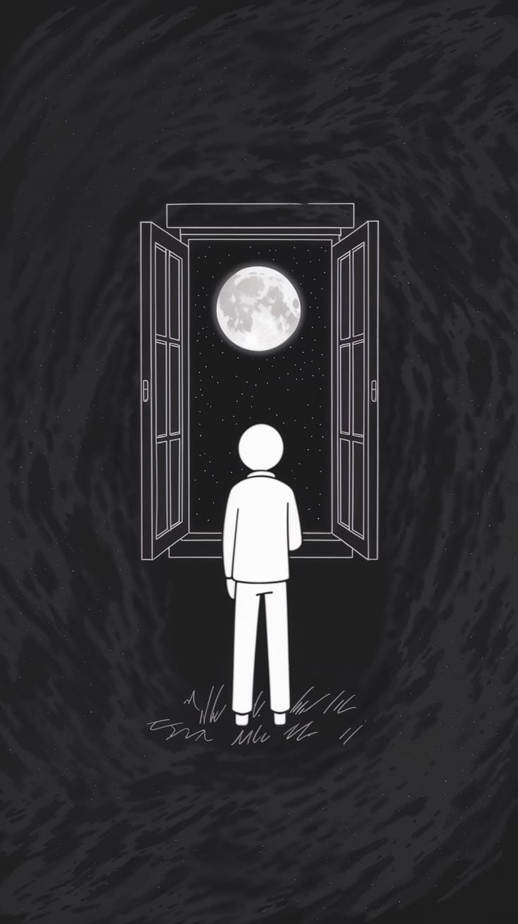 Minimalist Stickman Contemplates the Half Moon