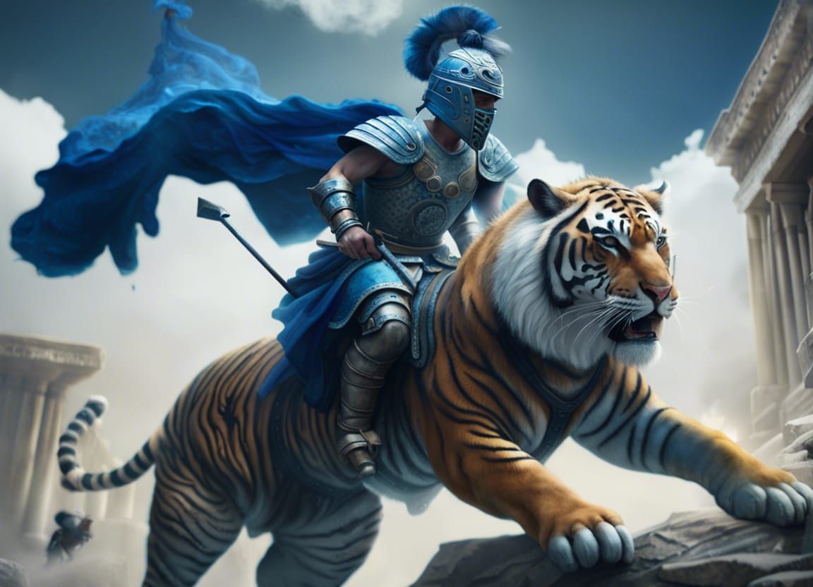 Warrior on Tiger Charges Through Ancient Greek Mythology