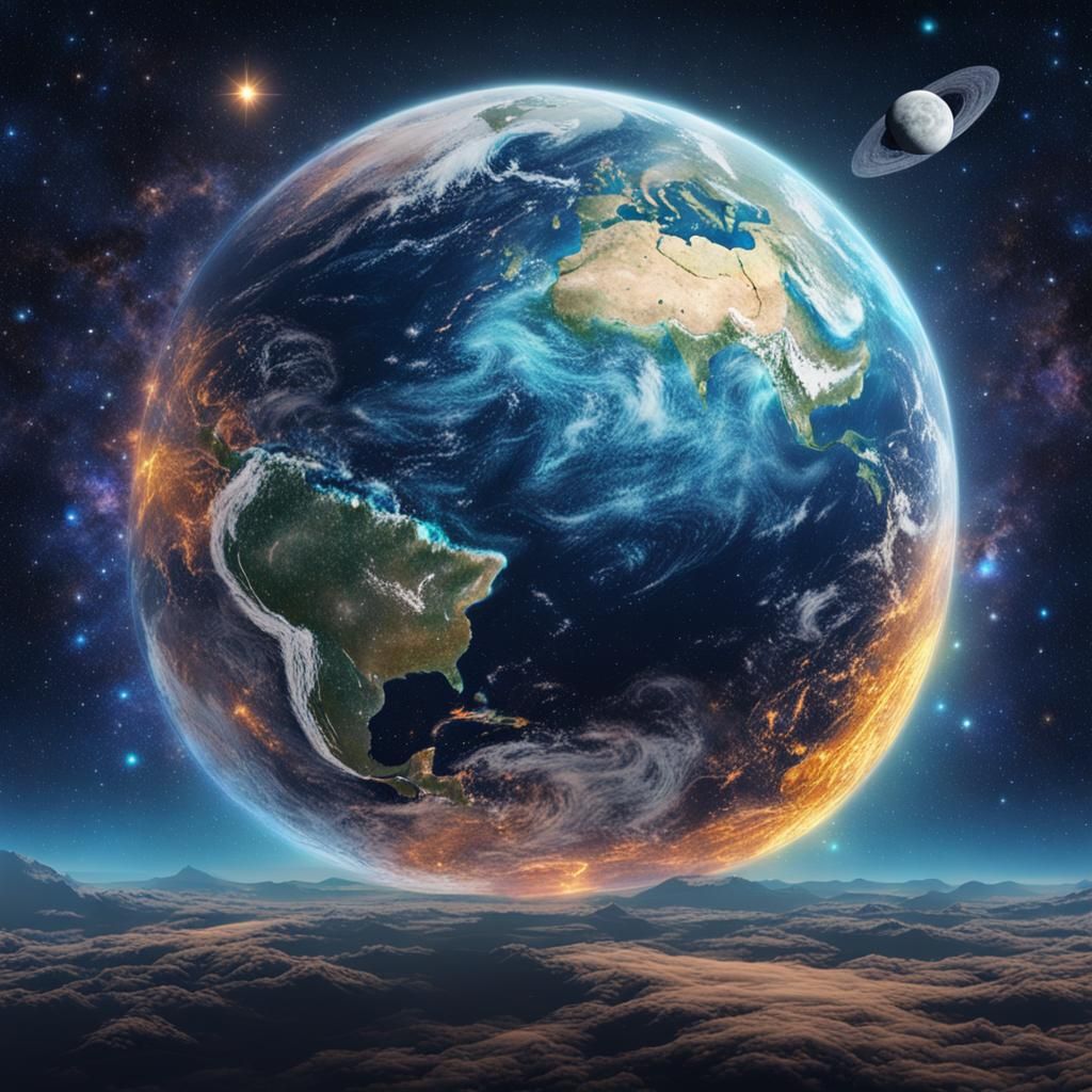 Stellar Cosmic Landscape: Earth and Moon Amidst Starry Galax...