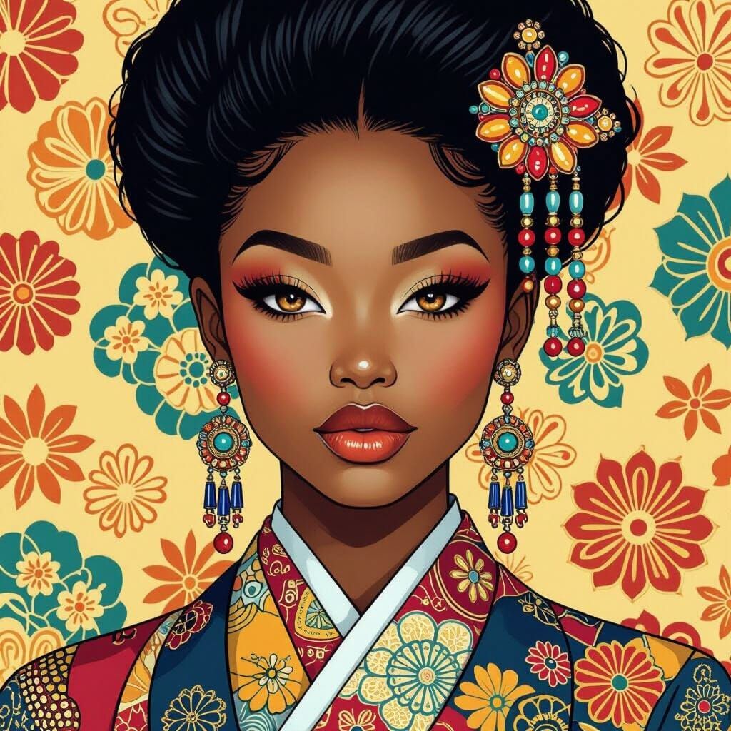 Woman in K-Pop Fashion with Vibrant, Avant-Garde Patterns