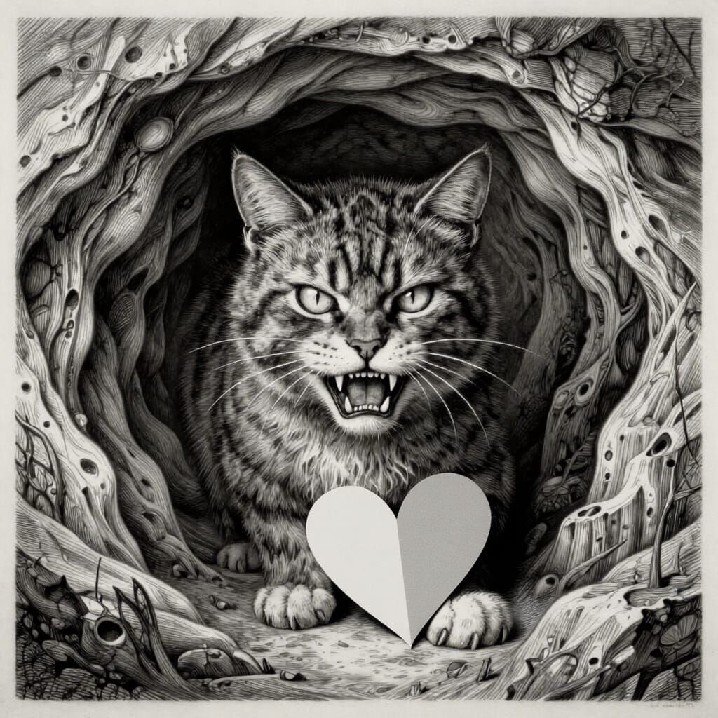 Monstrous Cat Monster in Etching Style