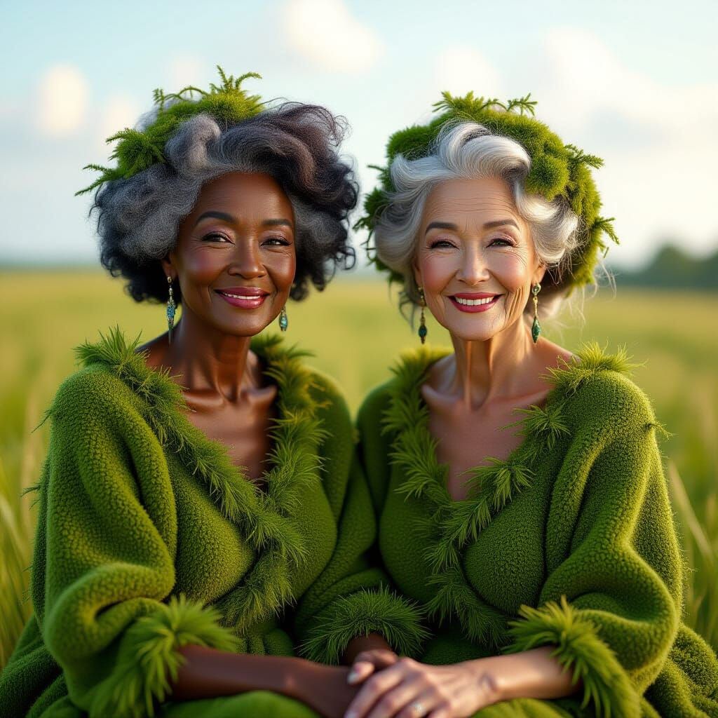 Whimsical Women with Moss Dresses and Grass Hair