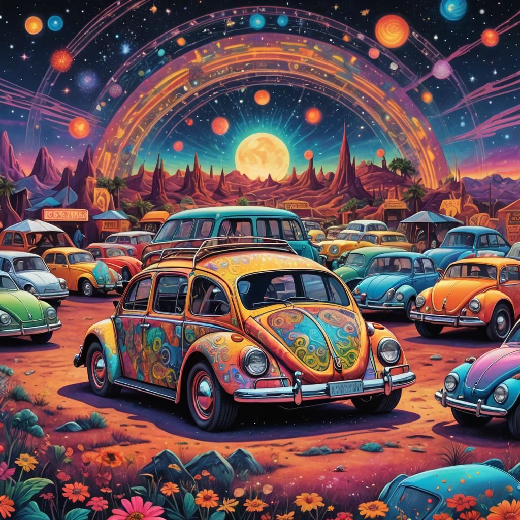 Psychedelic VW Bug Under Cosmic Drive-In Lights