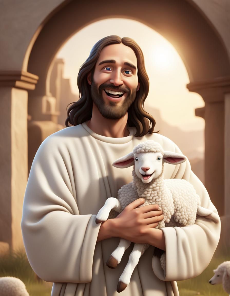 Laughing Jesus with a Lamb in a Vibrant CGI Landscape