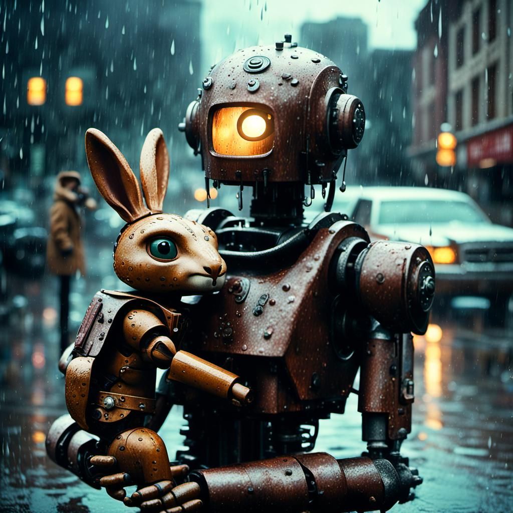 Rustic Robot Tenderly Holds Frightened Bunny in Rainy Street...