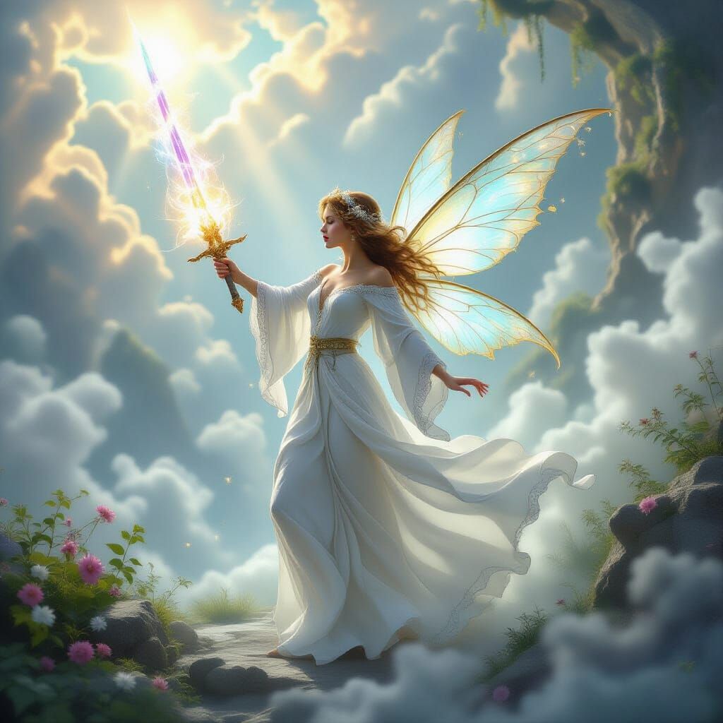 Mystic Fairy Heals with Magical Sword in Ethereal Realm