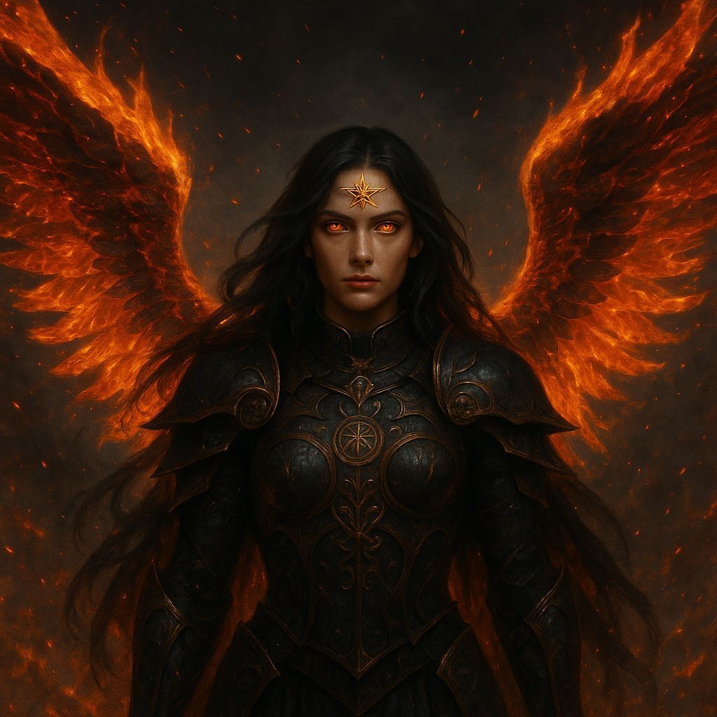 Majestic Dark Angel Warrior with Fiery Wings