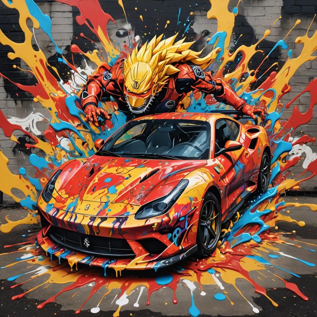 Goku Reduces Ferrari to Splattered Polychromatic Paint