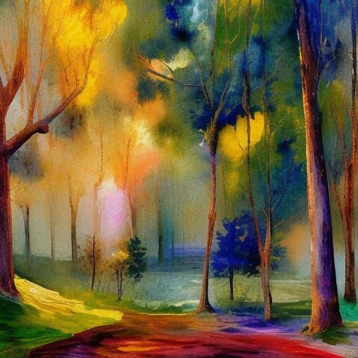 Impressionist Forest in Gouache Watercolor Style