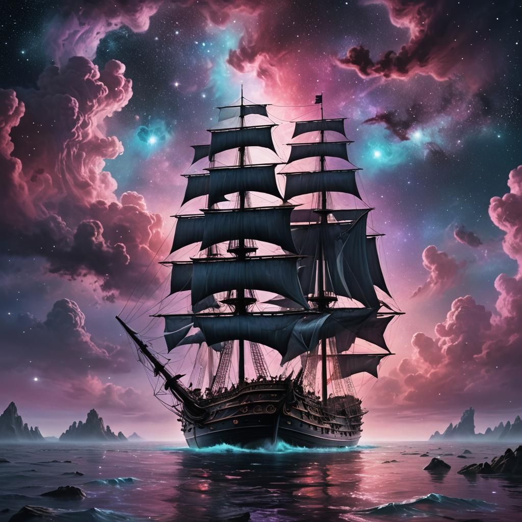 Ominous Sailing Ship in Cosmic Seascape