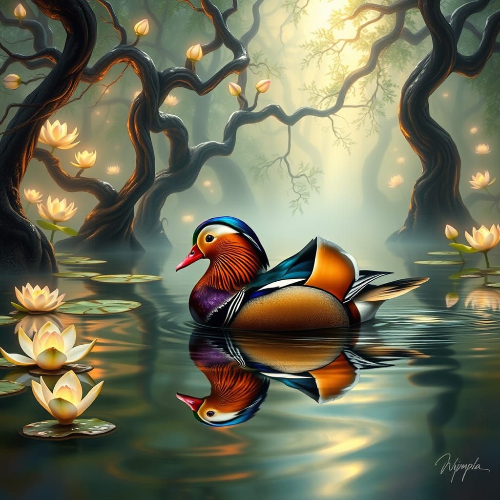 Mandarin Duck in a Mystical Pond Landscape