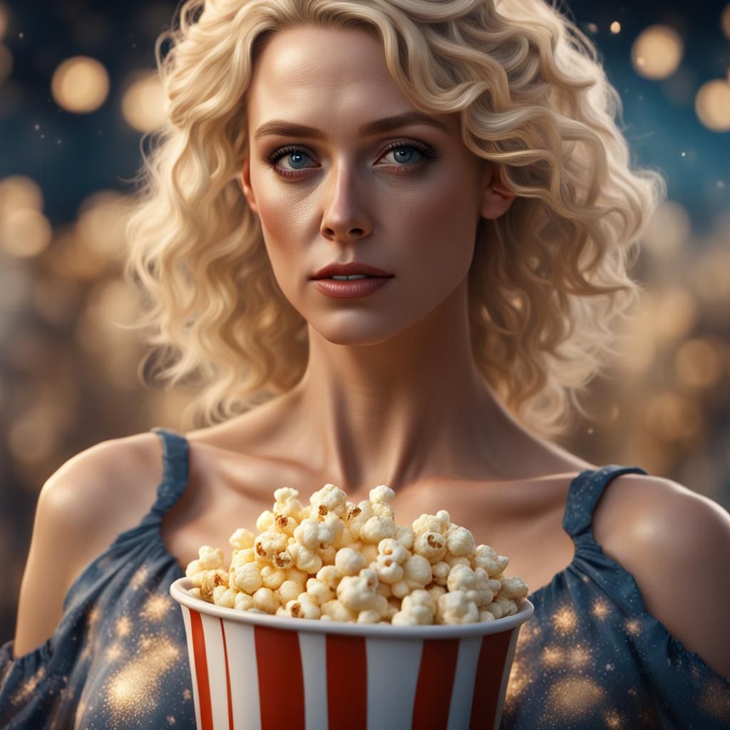 A Hyperrealistic Blond Fantasy Figure in a Popcorn Dress, Re...