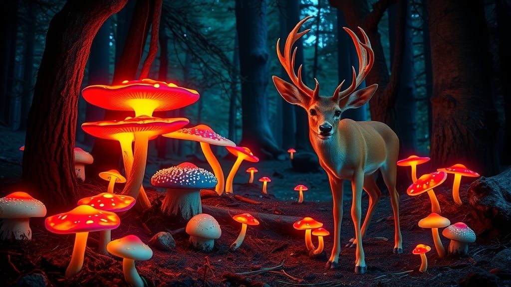Magical Glowing Mushrooms in Forest at Night