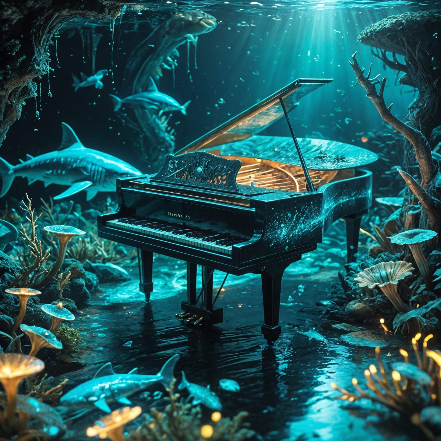 Bioluminescent Piano Surrounded by Sharks