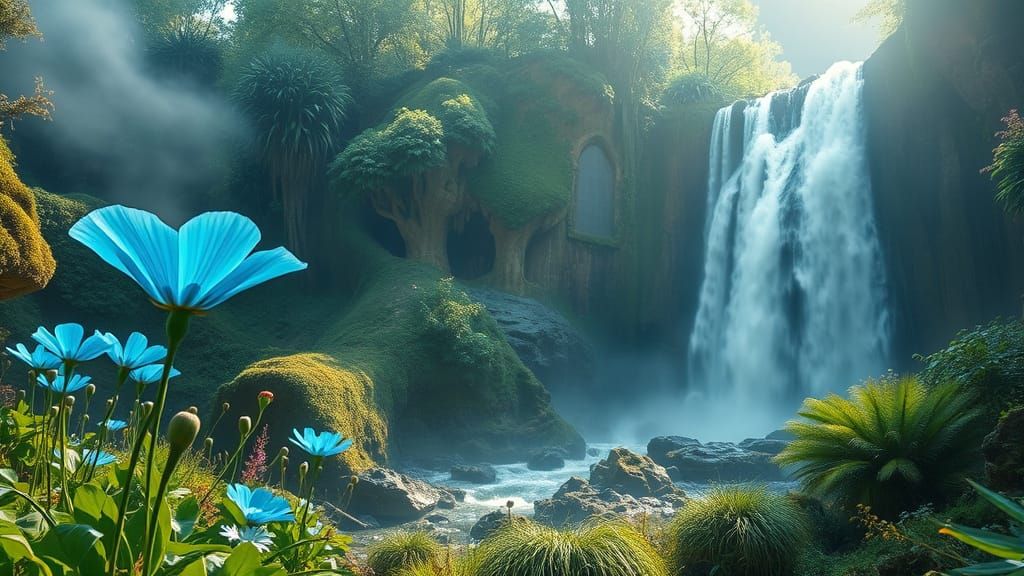 Mystical Himalayan Waterfall Ritual Site in Cosmic Dreamscap...