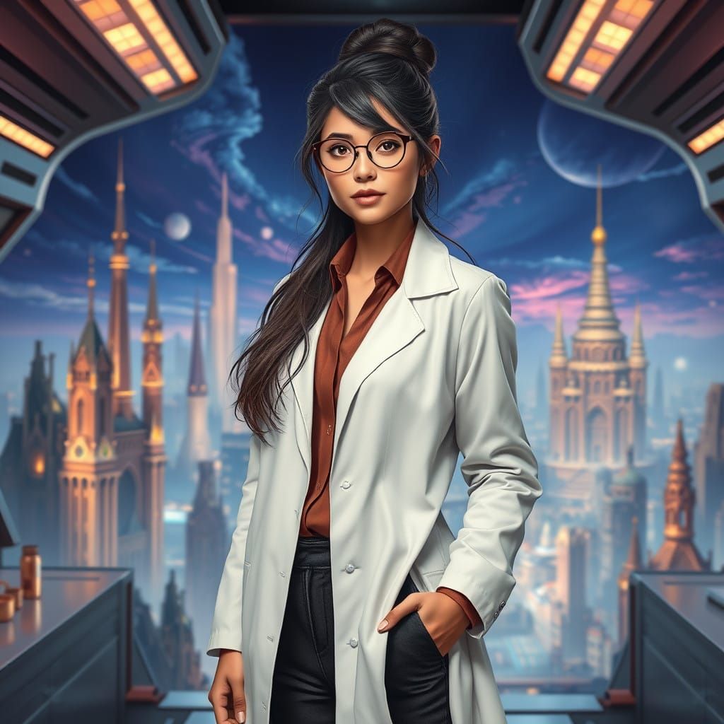 Professor in a Futuristic Laboratory with Mystical Cityscape