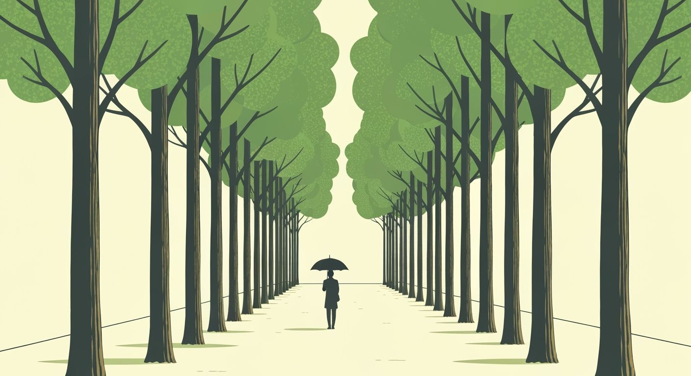 Minimalist Illustration of a Person on a Tree-Lined Path