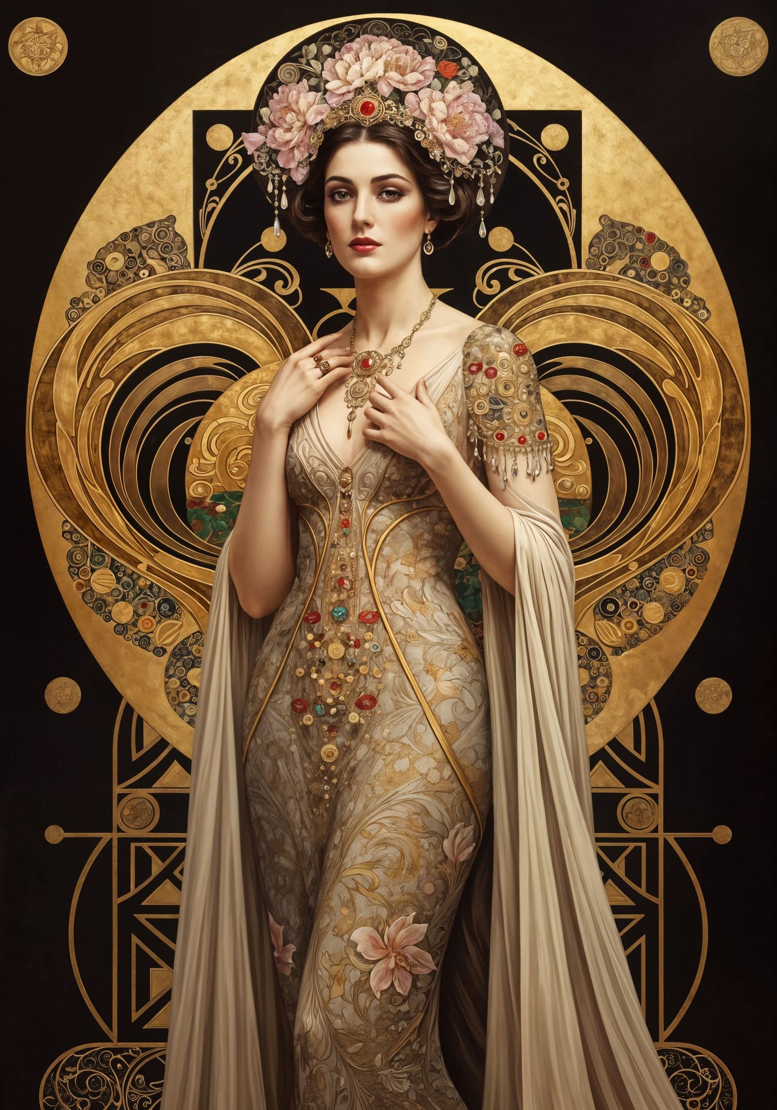 Elegant Woman in Art Deco Nouveau Oil Painting