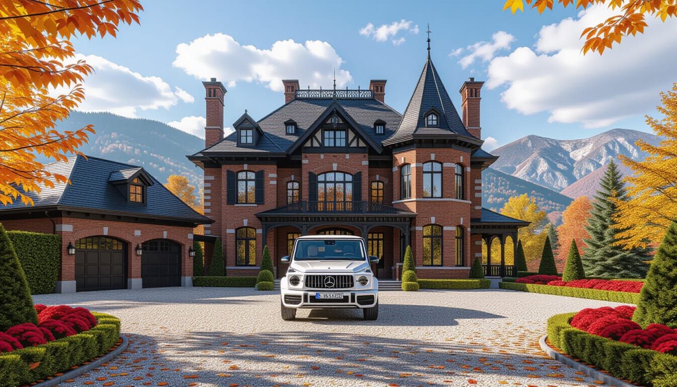 Victorian Chateau with Mercedes Amidst Autumn Splendor