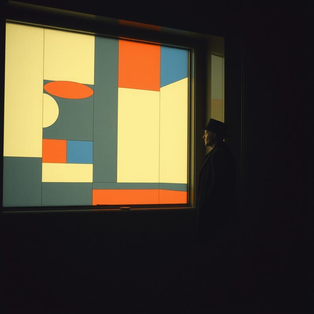 Contemplative Figure Gazing at Suprematist View