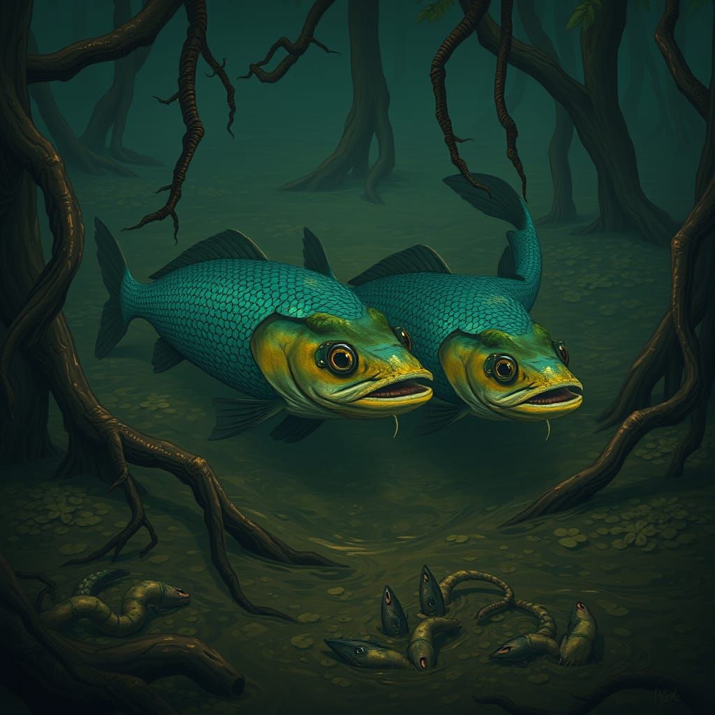 Coy Fish Circle Prey in Murky Amazon Jungle Waters at Dusk