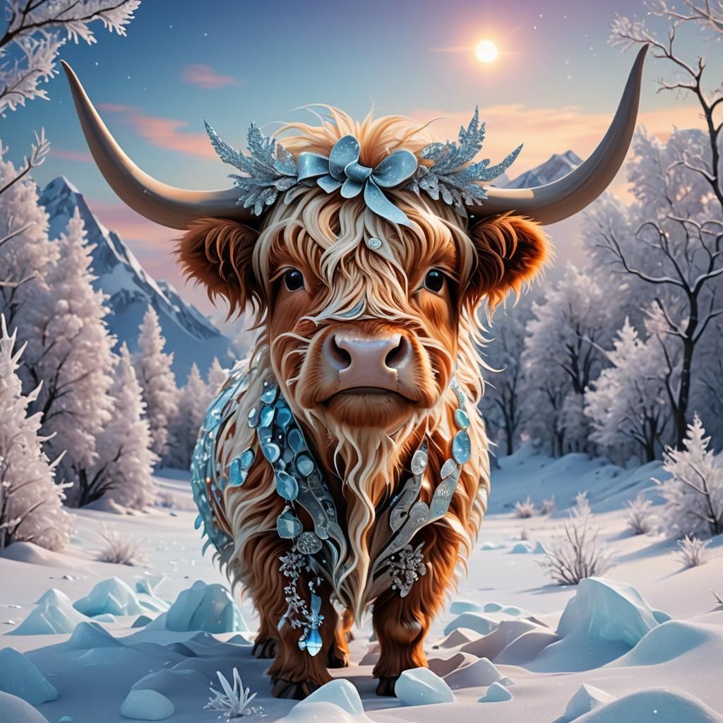 Beautiful Highland Cow Girl in Winter Wonderland