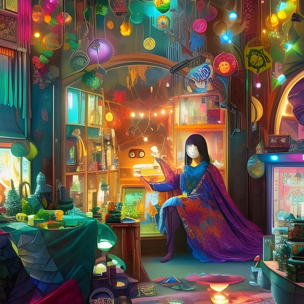 Whimsical Fortune Teller in a Magical Crystal Shop
