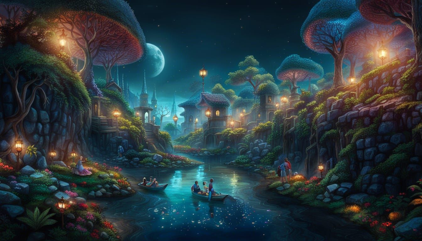 Surreal English Village Scene in Vibrant Colors and Intricat...