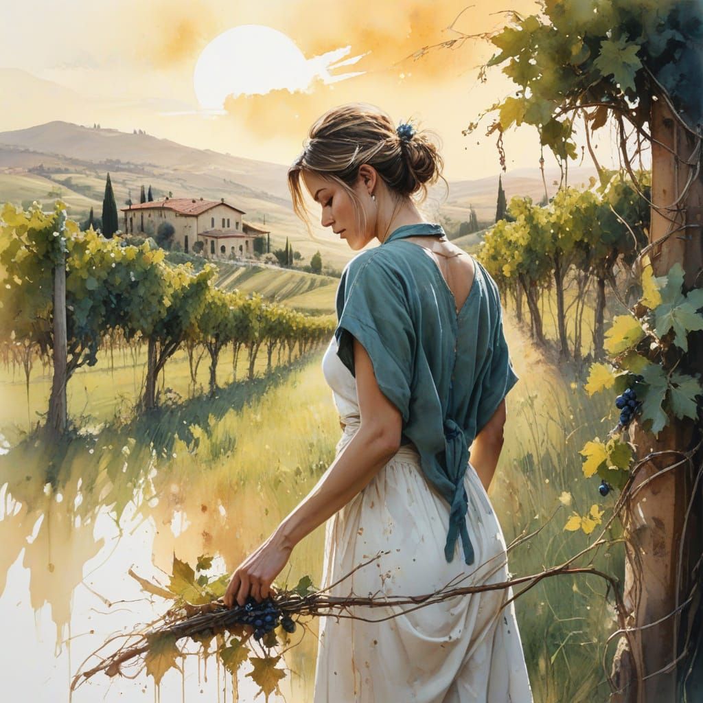 Tuscan Vineyard at Sunset in Watercolor Style