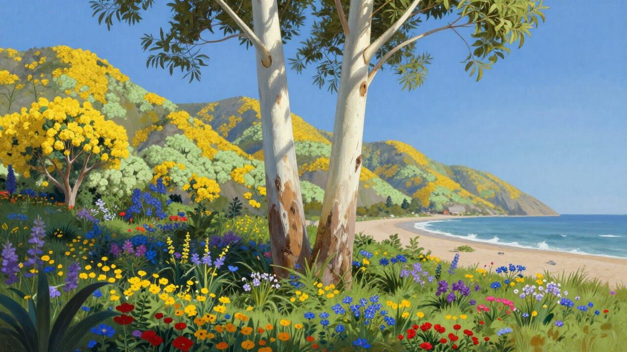 Eucalyptus Trees Before Floral Garden and Seashore