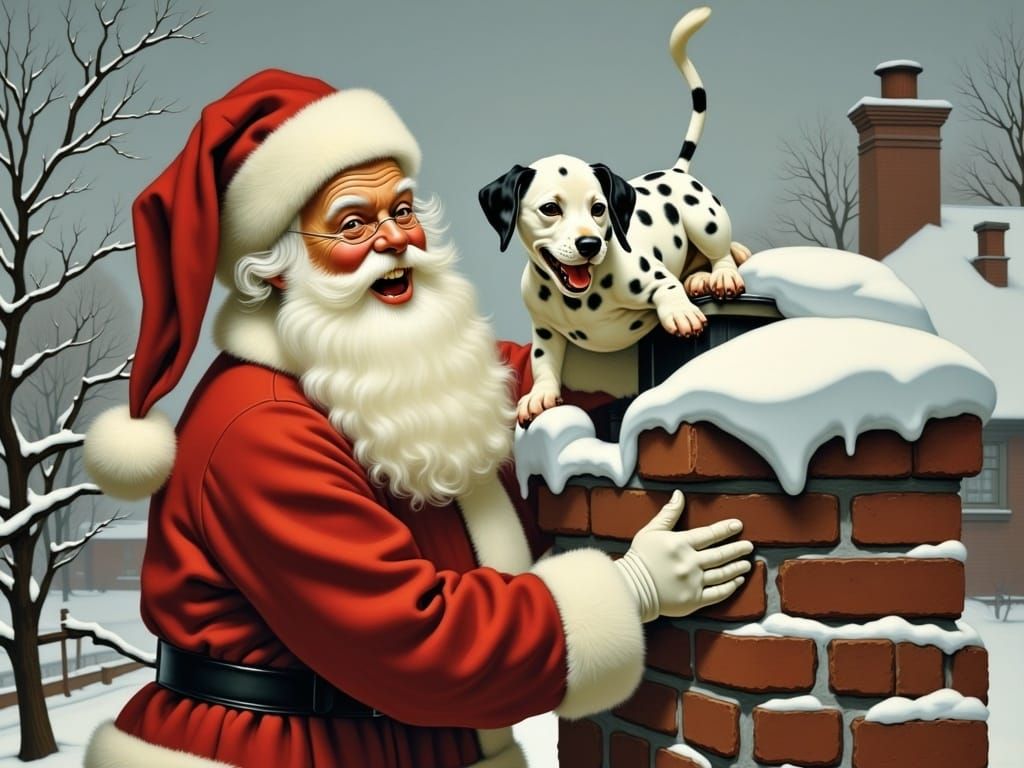 Jolly Santa Claus Surprises a Young Girl with a Dalmatian Pu...