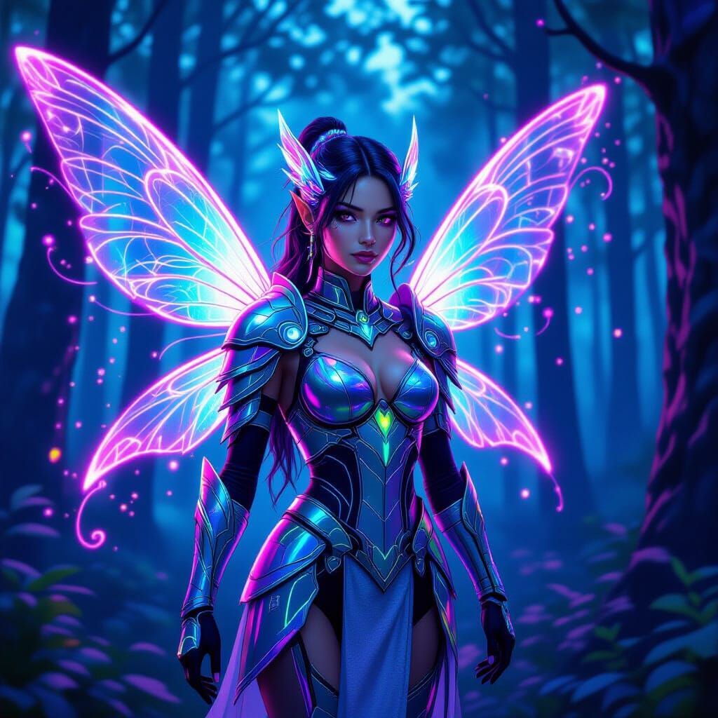Cyber Fairy with Digital Magic in Neon Forest