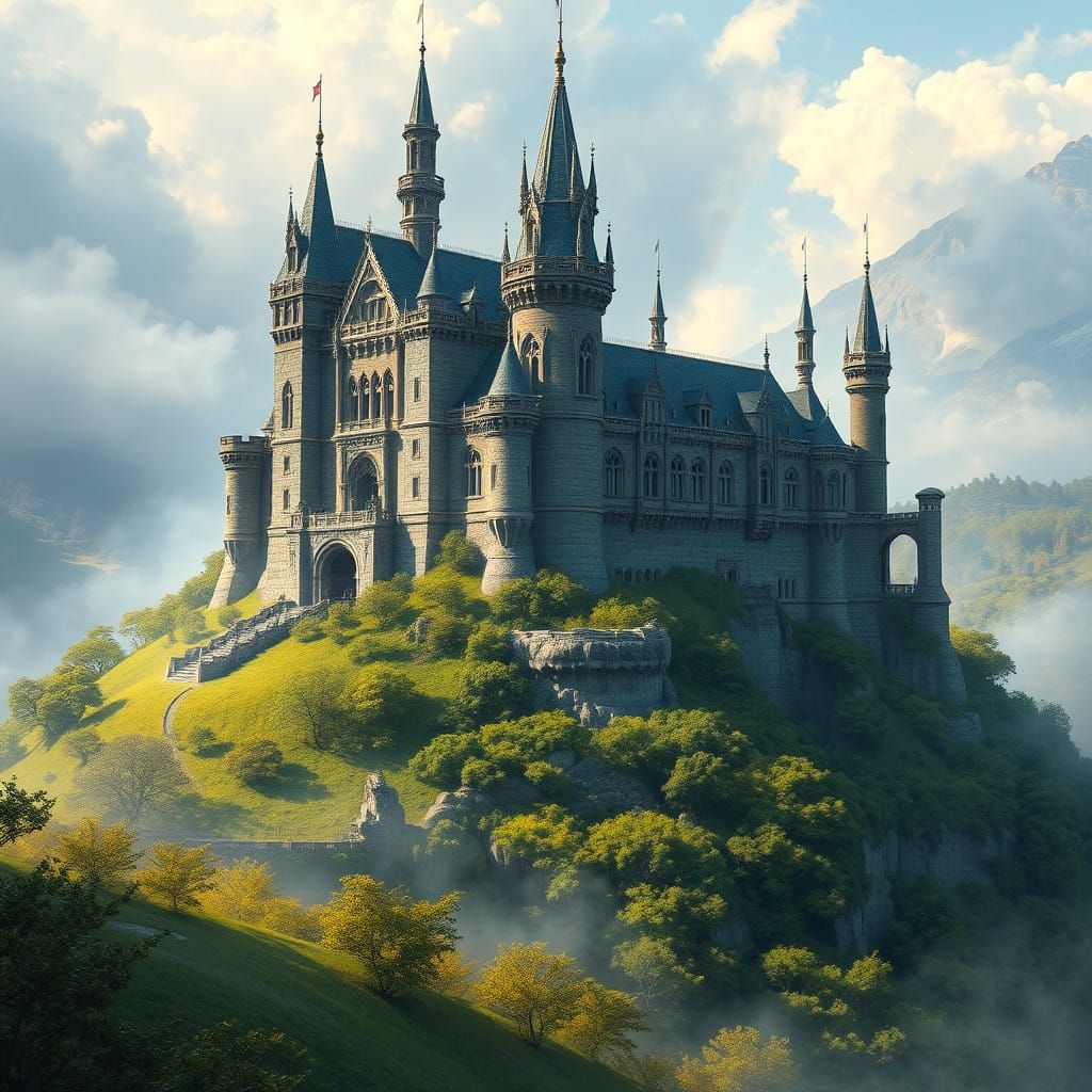 Fantasy Castle Shrouded in Ethereal Mist