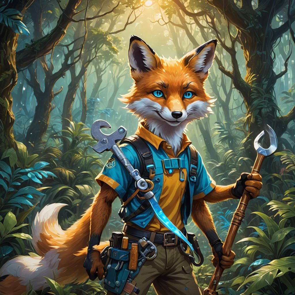 Vibrant Fantasy Fox in Whimsical Jungle Scene