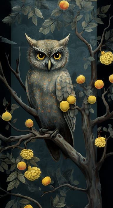 Whimsical Owl in Dark Silver and Yellow Forest